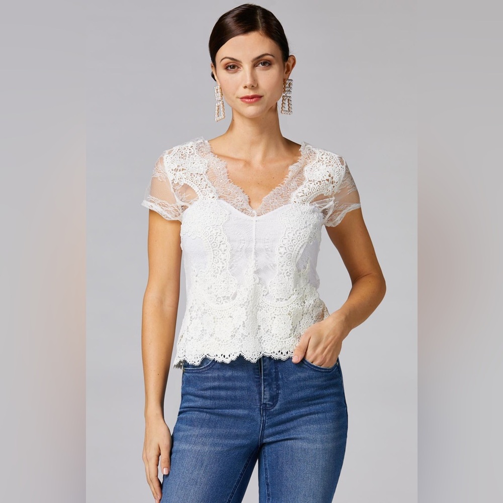 CACHE M Lace Blouse Ivory Ethereal Bridal Fairy Angelcore Sheer Sleeve Dainty